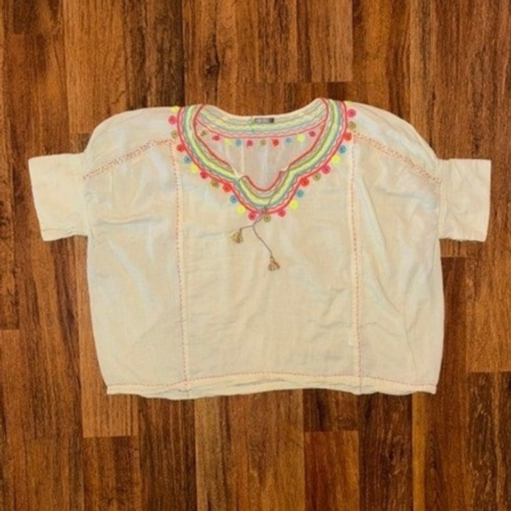 Nexx Women Cream Boho Embroidered Pom Pom Tassel Peasant Blouse Small